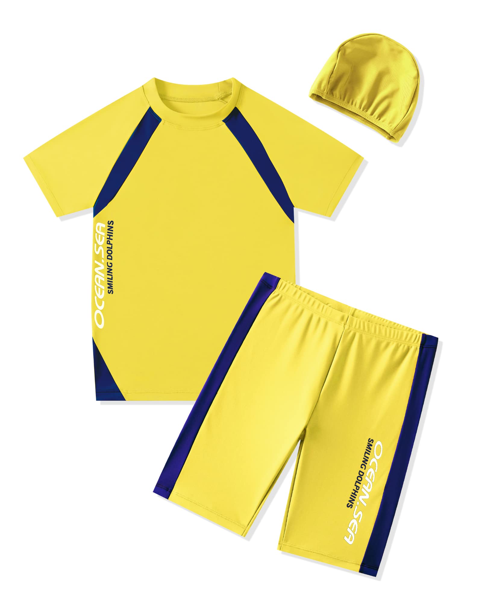 KID1234Boys Swimsuits UPF50+UV Swimwear Set Two Piece Rash Guard with Hat for Kids 4-14 Years