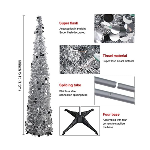 Aytai 5ft collapsible christmas tree silver tinsel coastal christmas tree for holiday decorations  urban country home decor