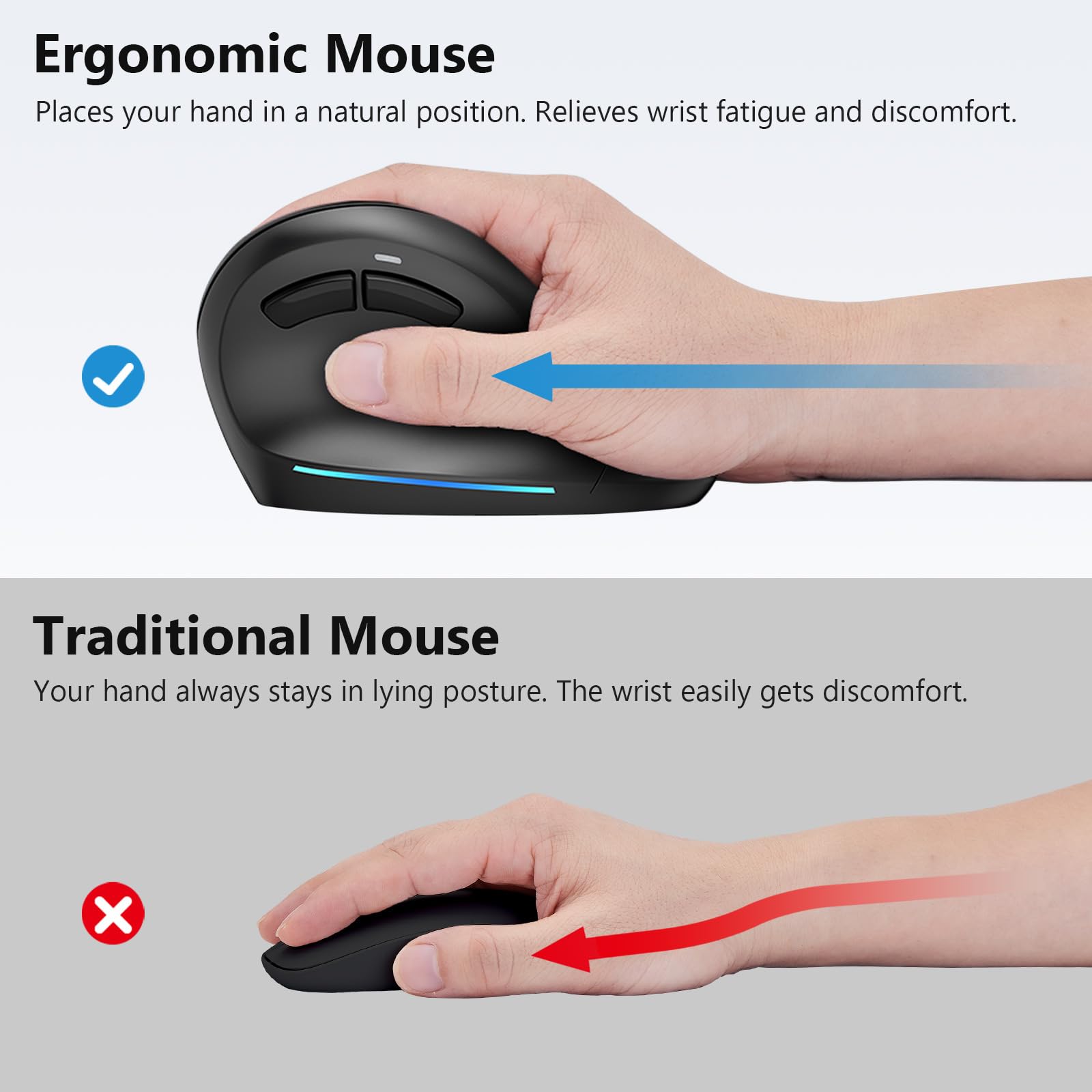 AUTLEY Ergonomic Mouse for Large Hands, Rechargeable Vertical Mouse, 2.4GHz Wireless Computer Mouse for Windows/macOS - 6 Buttons, Low Power Warning, 800/1200/1600 DPI, Black