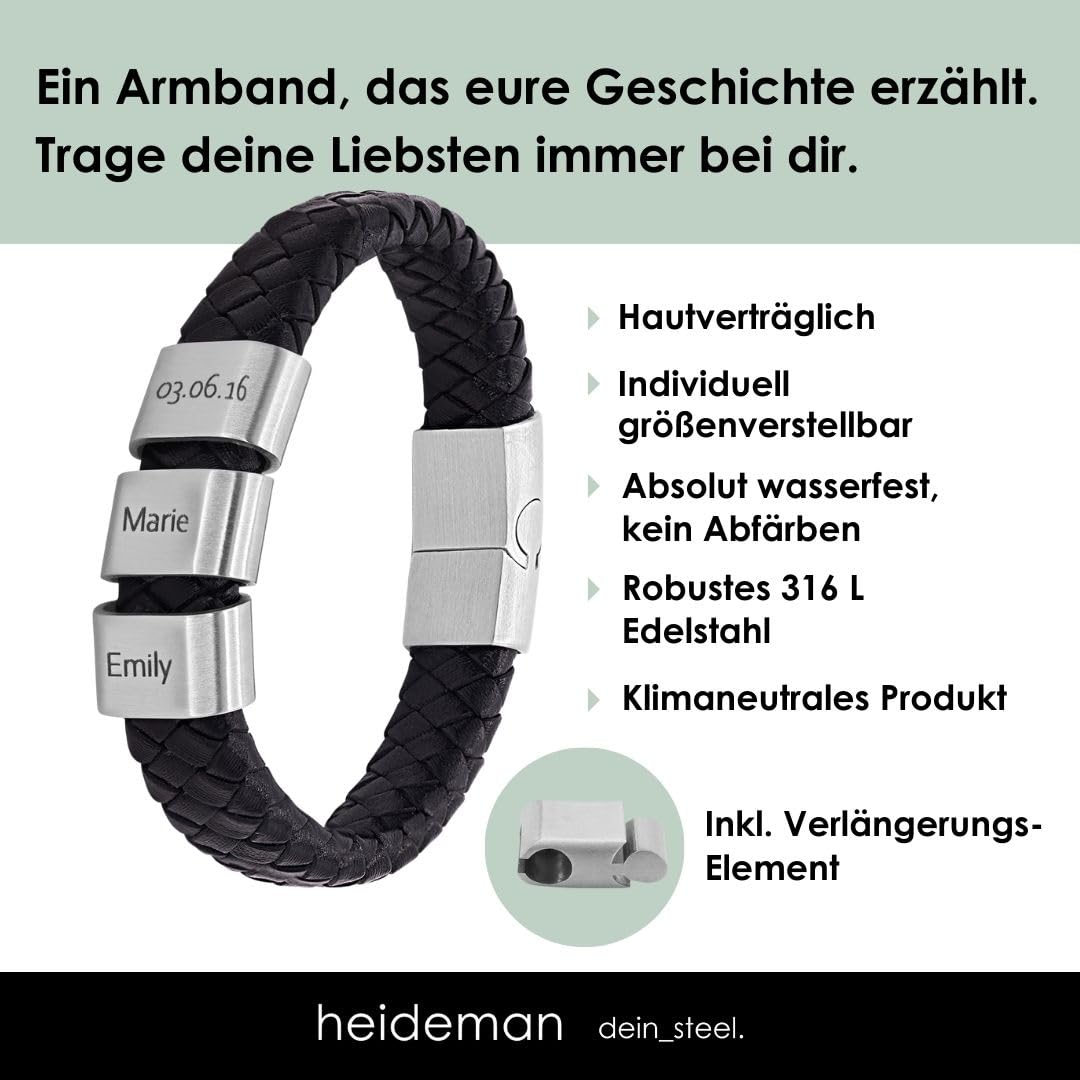 Heideman Armband Herren Titus Leder Edelstahl Gravur