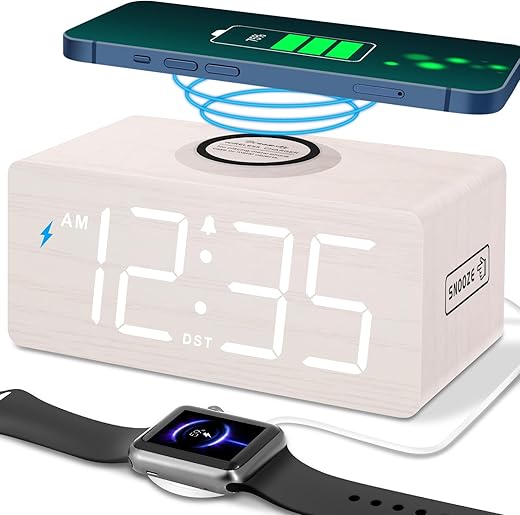 DreamSky Wooden Digital Alarm Clock with Wireless Charging for Bedroom, Bedside Nightstand Clock with Charger Station, USB Port, Large Numbers, Adjustable Volume, Brightness Dimmer, DST