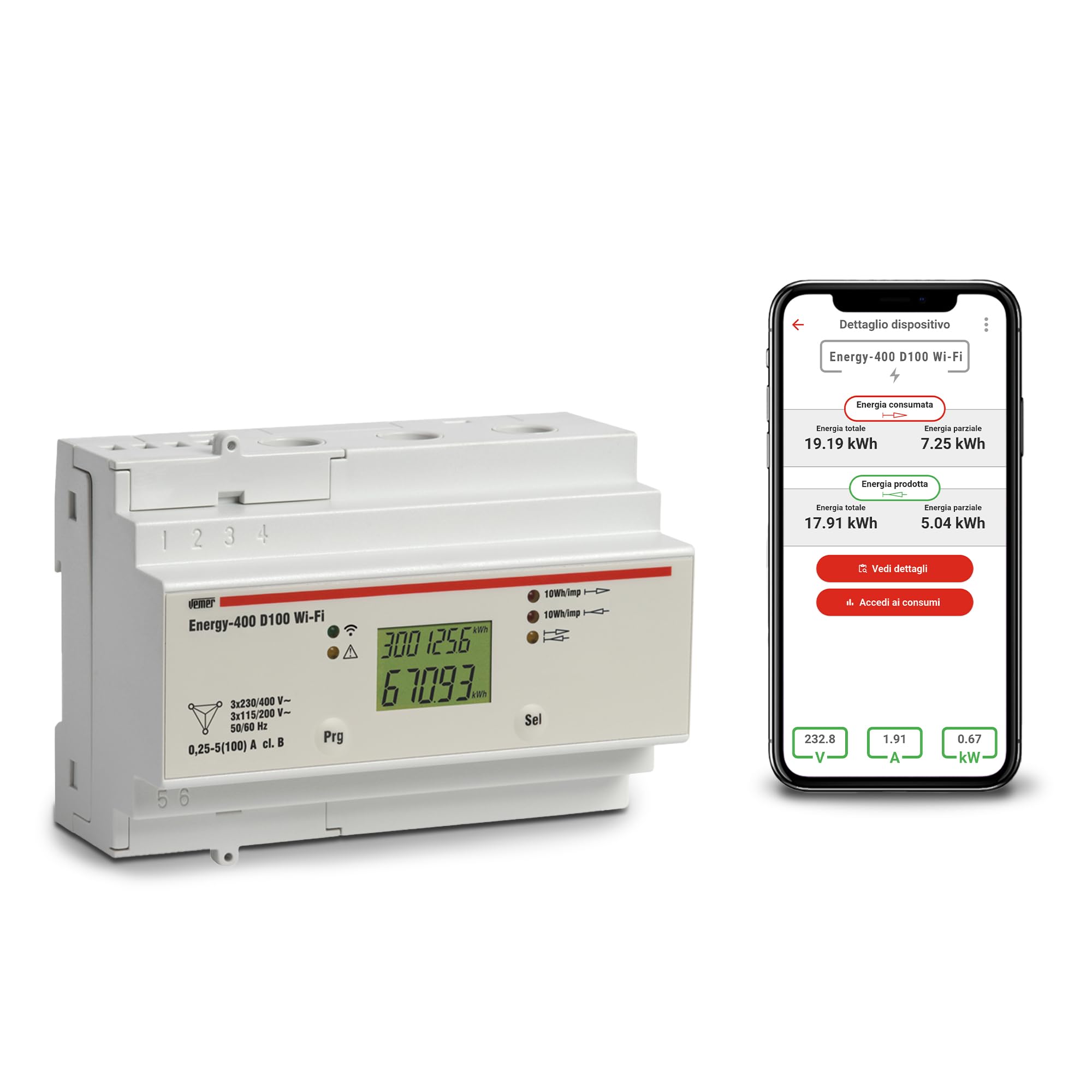 VEMER VE799300 ENERGY-400 D100 Licznik energii elektrycznej WiFi do systemów trójfazowych, miernik zużycia energii elektrycznej z aplikacją, instalacja na szynie DIN, biały