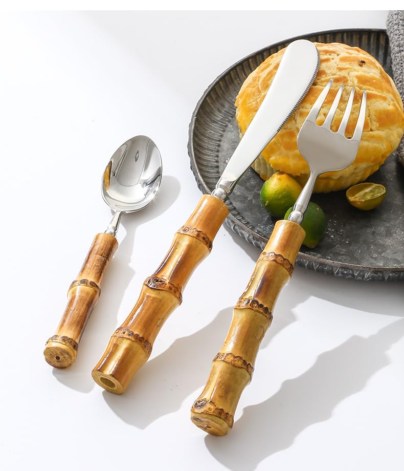 Este Juego de Cubiertos Silverware, 6/24/36/48/60/72 Piezas, de bambú Natural, Acero Inoxidable 304, Incluye Cuchillo para Carne, Tenedor, Cuchara, Cuchara Redonda, Tenedor de Postre y vajil