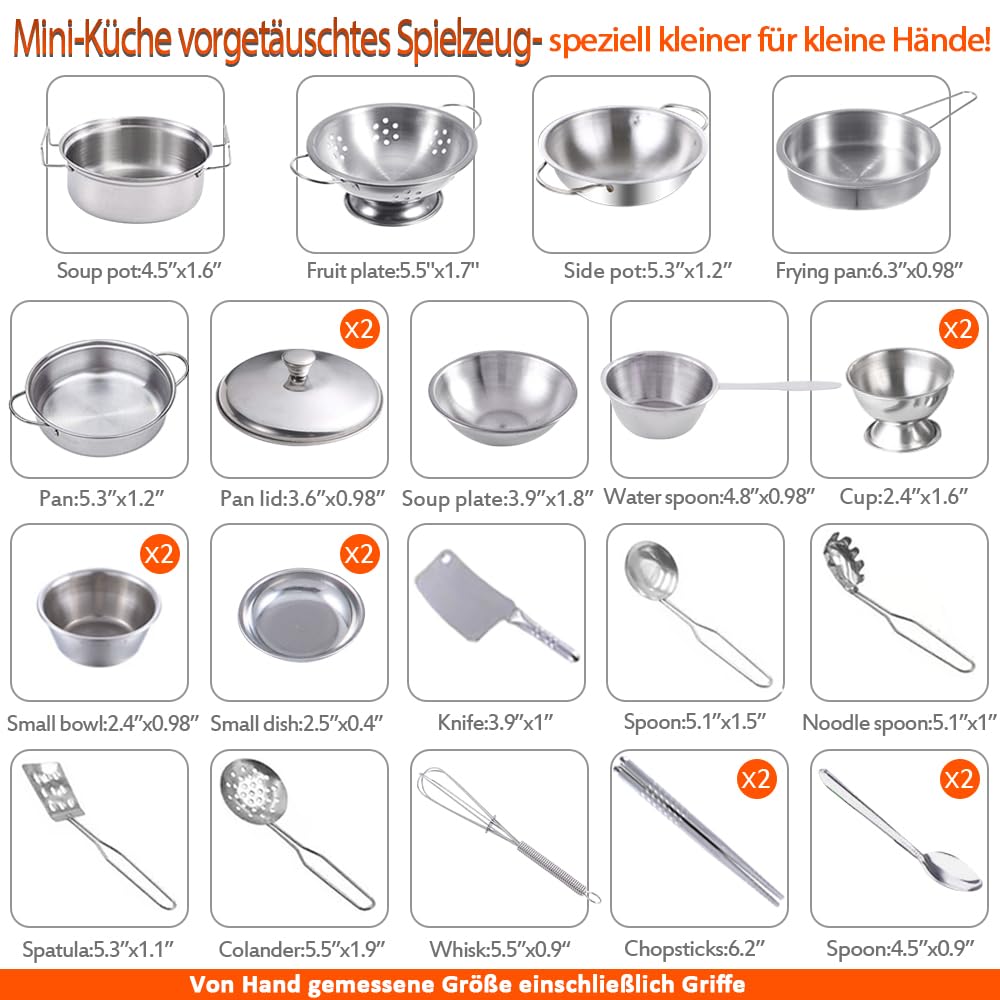 Lot de 25 ustensiles de cuisine en acier inoxydable pour enfants - Casseroles de jeu de rôle - Jouets éducatifs pour tout-petits - Petite taille