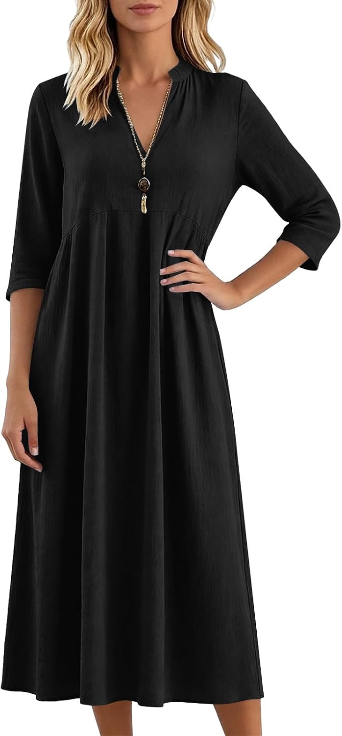 Midi Dresses for Women Spring Dress 3/4 Sleeve Casual Gauze Dresses with Pockets A Line Summer Beach Sundress