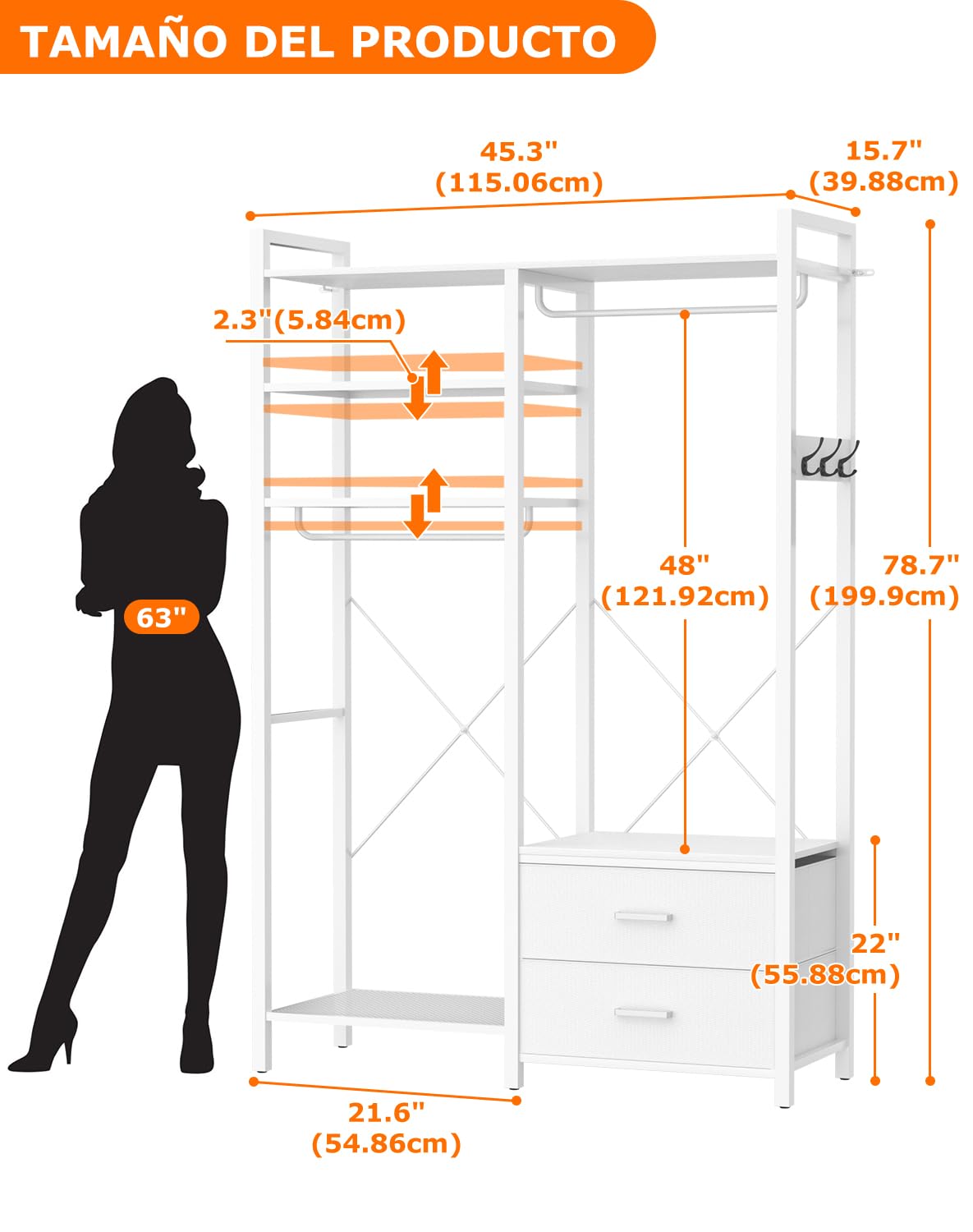 iSunirm Perchero para ropa para colgar la ropa – Perchero reversible con 2 cajones, perchero robusto con estantes, sistema de armario autoportante de 6 niveles con ganchos