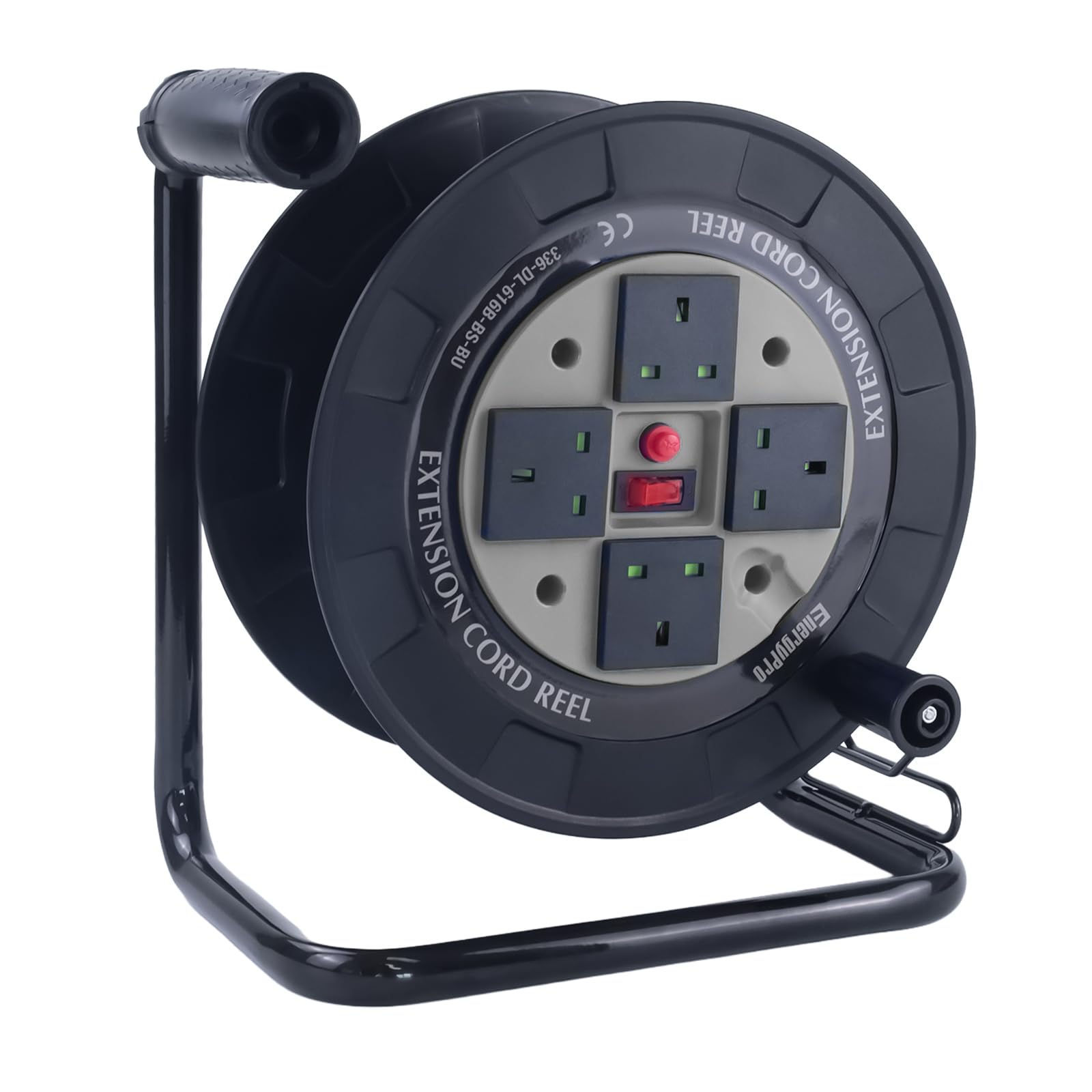 EnergyPro DL616B-BS Heavy-Duty Cable Reel Without Cable - 2300W, 4 UK Sockets, Foldable Handle - BS EN 61242 Certified Grey
