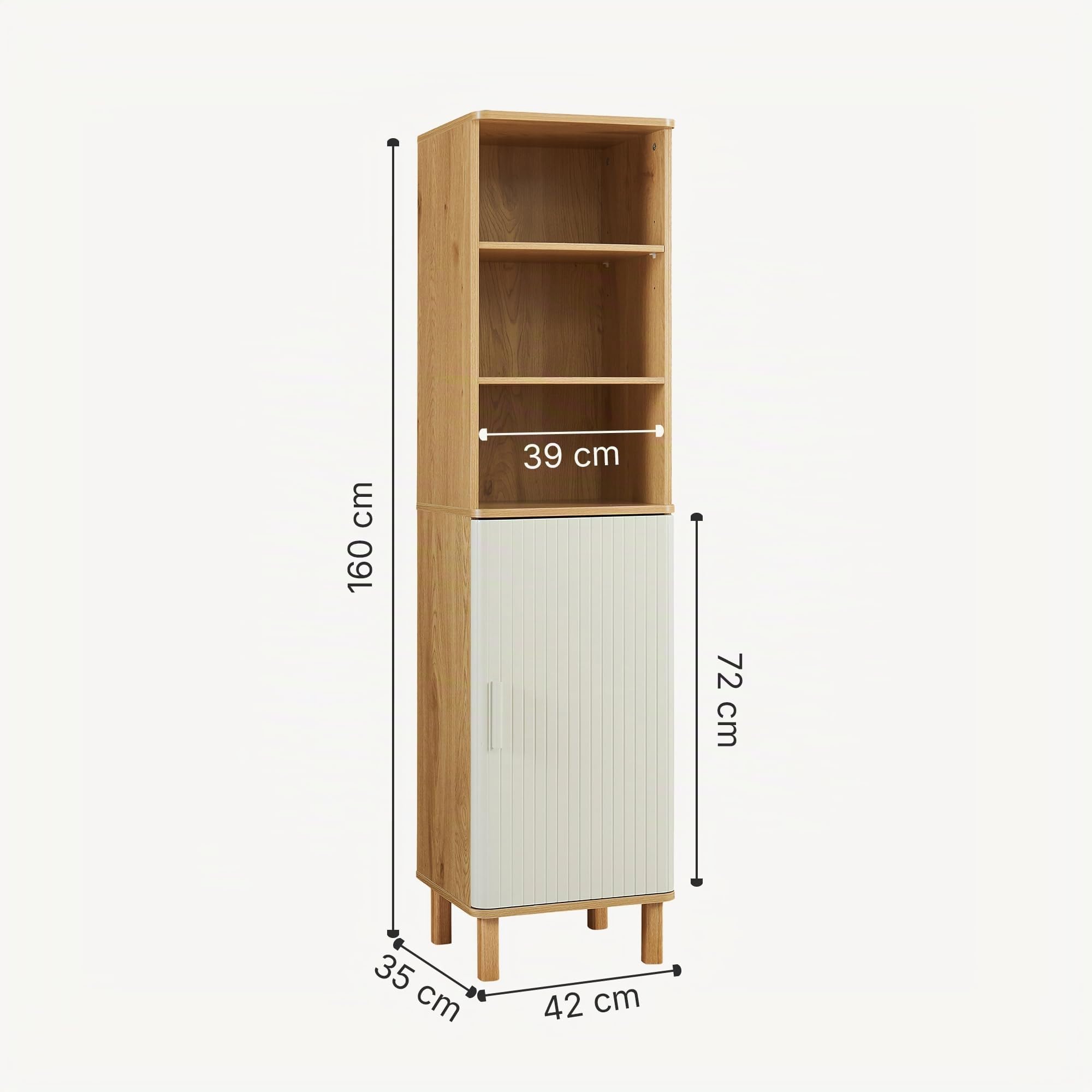 [en.casa] Mobile a Colonna con Anta e 3 Vani Aperti Armadio da Bagno Multiuso con Ripiani Scomparti Chiusi per Corridoio Cucina 160 x 42 x 35 cm - Effetto Rovere/Avena Oatmeal