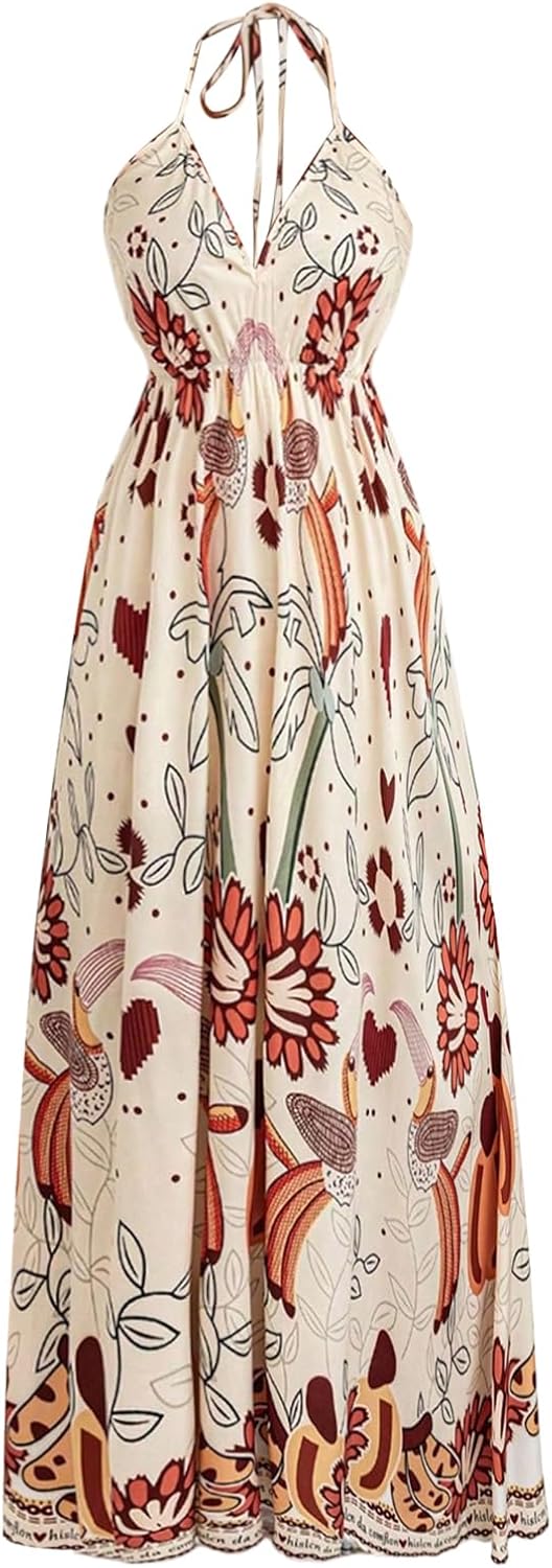 Floerns Women's Floral Halter Boho Maxi Dress Sleeveless Smocked Vintage Flowy Beach Dress