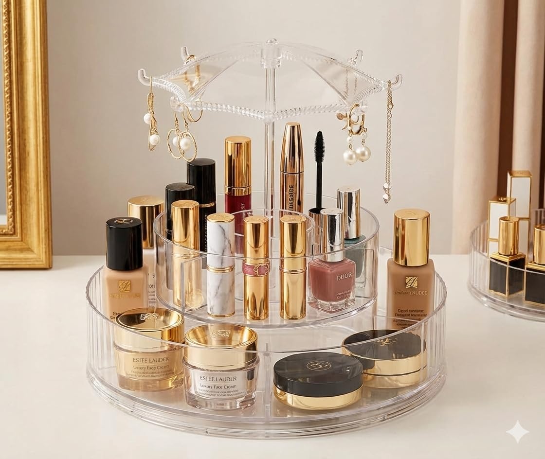 TASTIC Rotating Makeup Organizer with Jewelry Holder, Clear Acrylic, 360 Degree Spinning, 9Compartment, Multi-Tiered Cosmetic Storage, Vanity Organizer with Brush & Necklace Holder