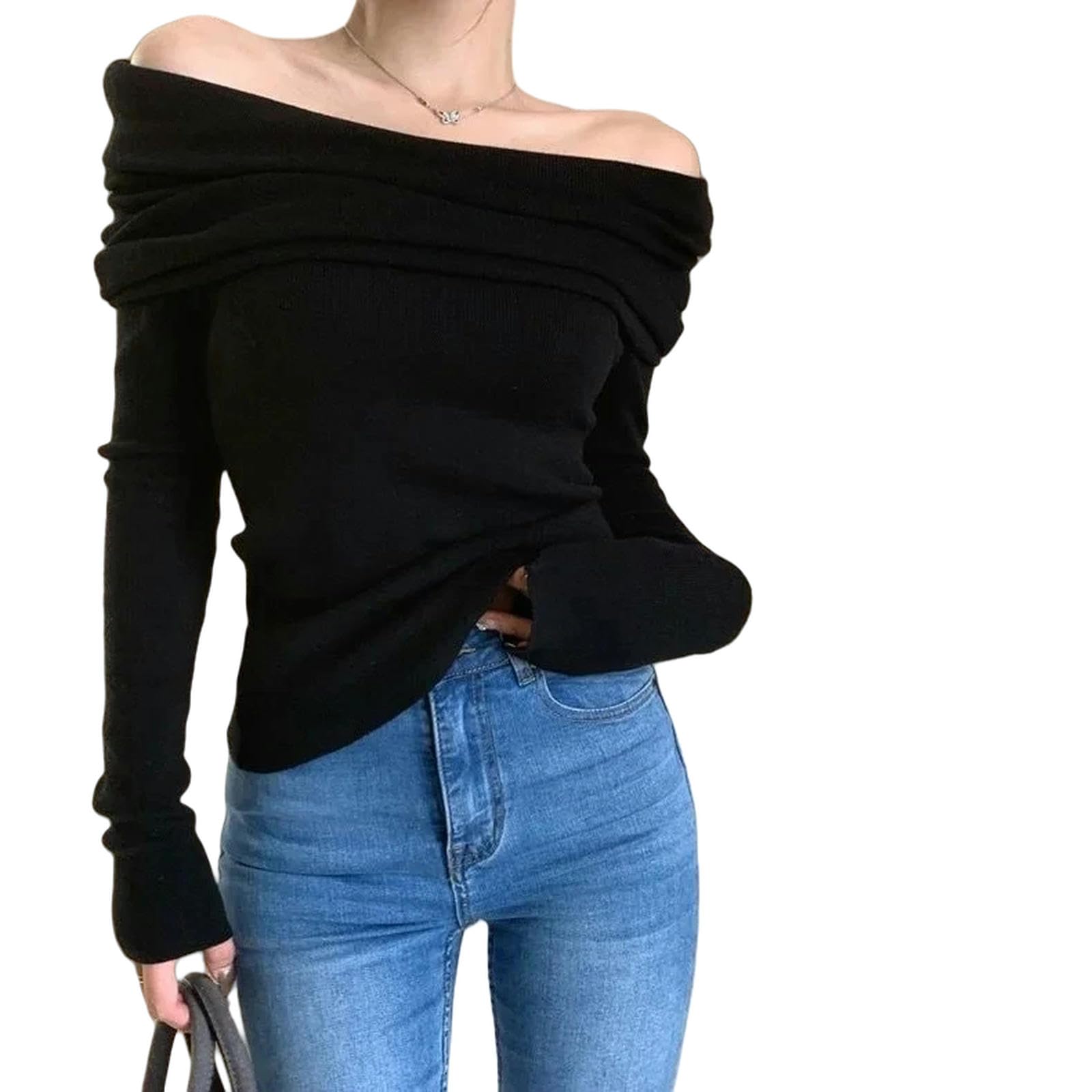Maglione Donna Design del Maglione A Maglieria Fuori Spalla Design A Maniche Lunghe Donne Maglione da Donna Femminile Primaverile Sexy Camicia da Fondo Magro-Albicocca del Latte-m