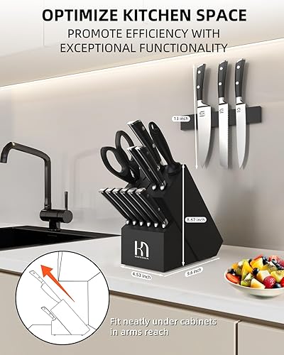 Miniatura 9 de Juego de 15 cuchillos japoneses de acero inoxidable de alto carbono con bloque y afilador, juego de cuchillos negros afilados de alta calidad para