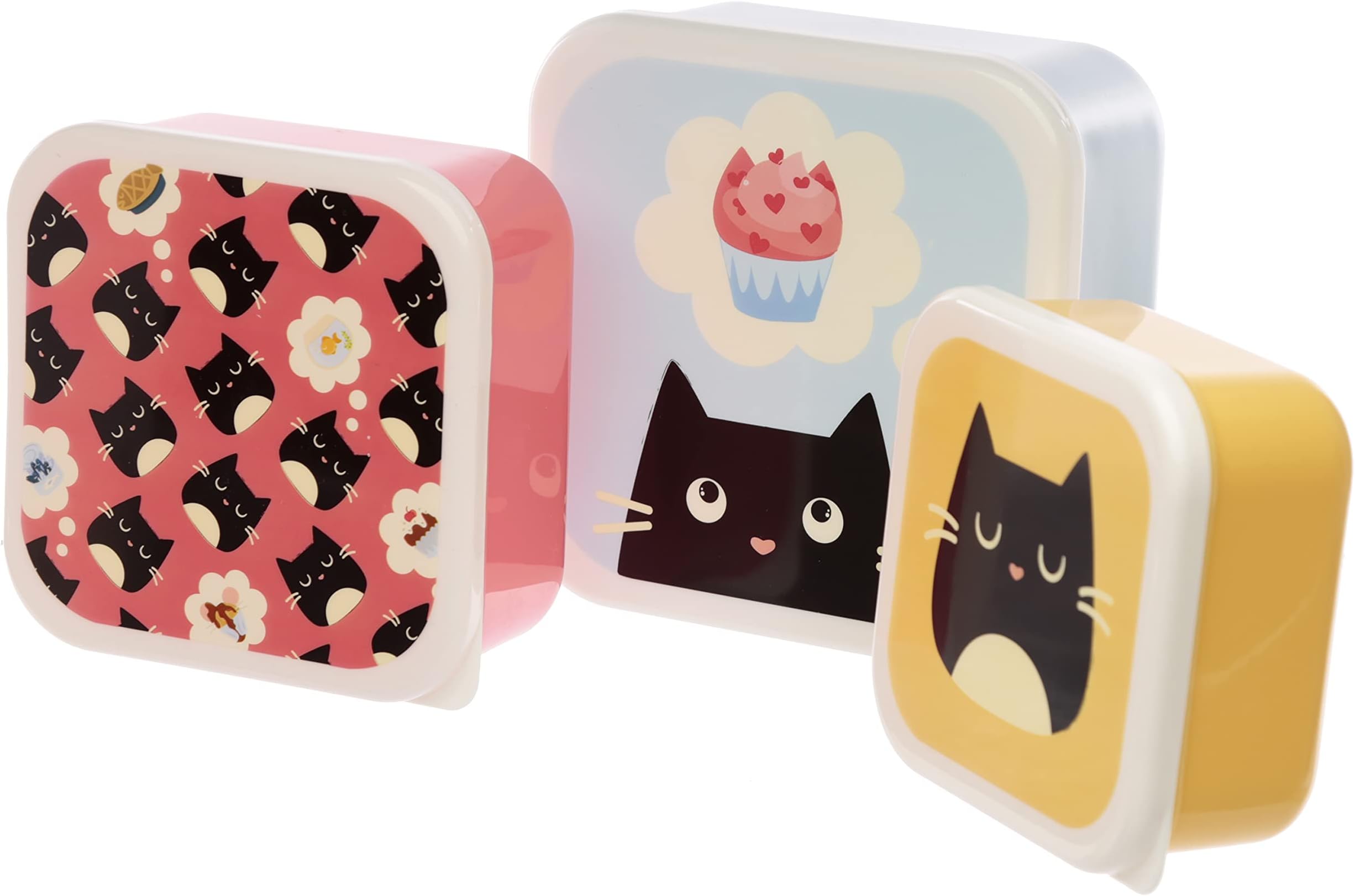 PuckatorFeline Fine Cat Red Yellow Blue Reusable Lidded Snack Pot Lunch Box Set of 3, BPA Free PVC, Work School Travel Home, Medium 4.5x10x10cm Large 5.5x11.5x11.5cm XLarge 6x13.5x13.5cm
