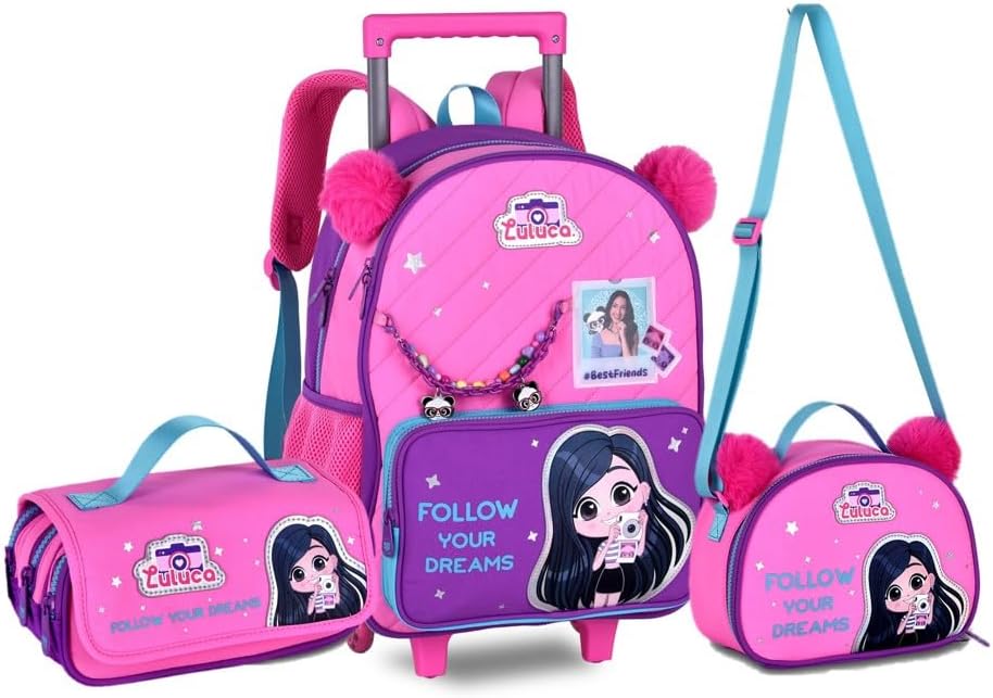Kit Mochila Rodinha Luluca Pandinha Lancheira Estojo 2026 Rosa-chiclete Luluca Youtuber