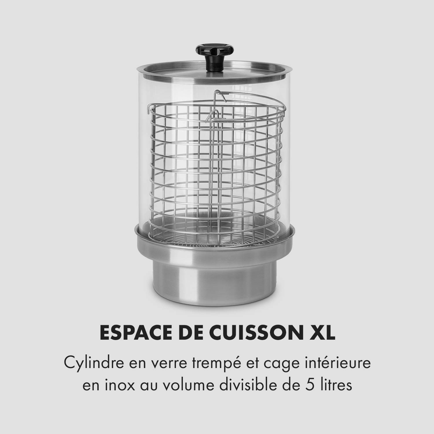 Klarstein Pro Wurstfabrik 450 Hot Dog Maker professionnel : 450W, 30-100 °C, cylindre en verre: Ø 20 cm, cage en inox: Ø 17 cm / 5 litres, acier inoxydable, réservoir à eau : 1,1 litre, argent