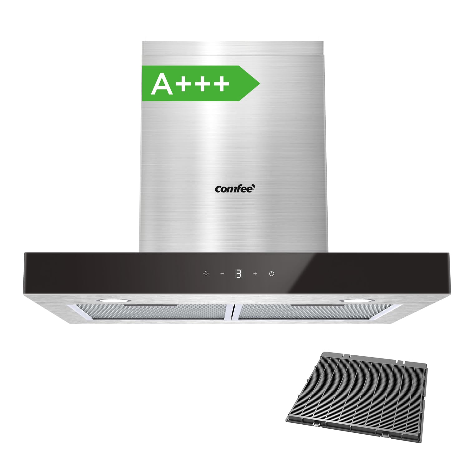 COMFEE' TSHM77SS-60 Campana extractora 60 cm Clase A+++ Campana extractora de acero inoxidable 650 m³/h con LED, sistema de recirculación y canalización y filtros de carbón