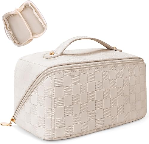 Bolsa de cosméticos de viaje de gran capacidad, bolsa de cosméticos grande para mujer, bolsa de maquillaje portátil impermeable de piel sintética