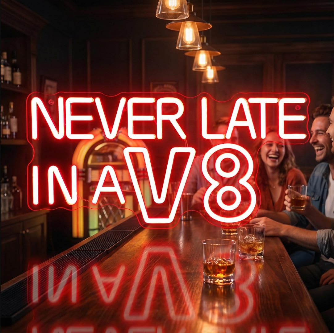 Letrero de neón Never Late in a V8, luz de neón para decoración de garaje, letrero de neón LED de cueva de hombre, luz de pared de garaje mecánico, letrero de neón regulable alimentado por USB para