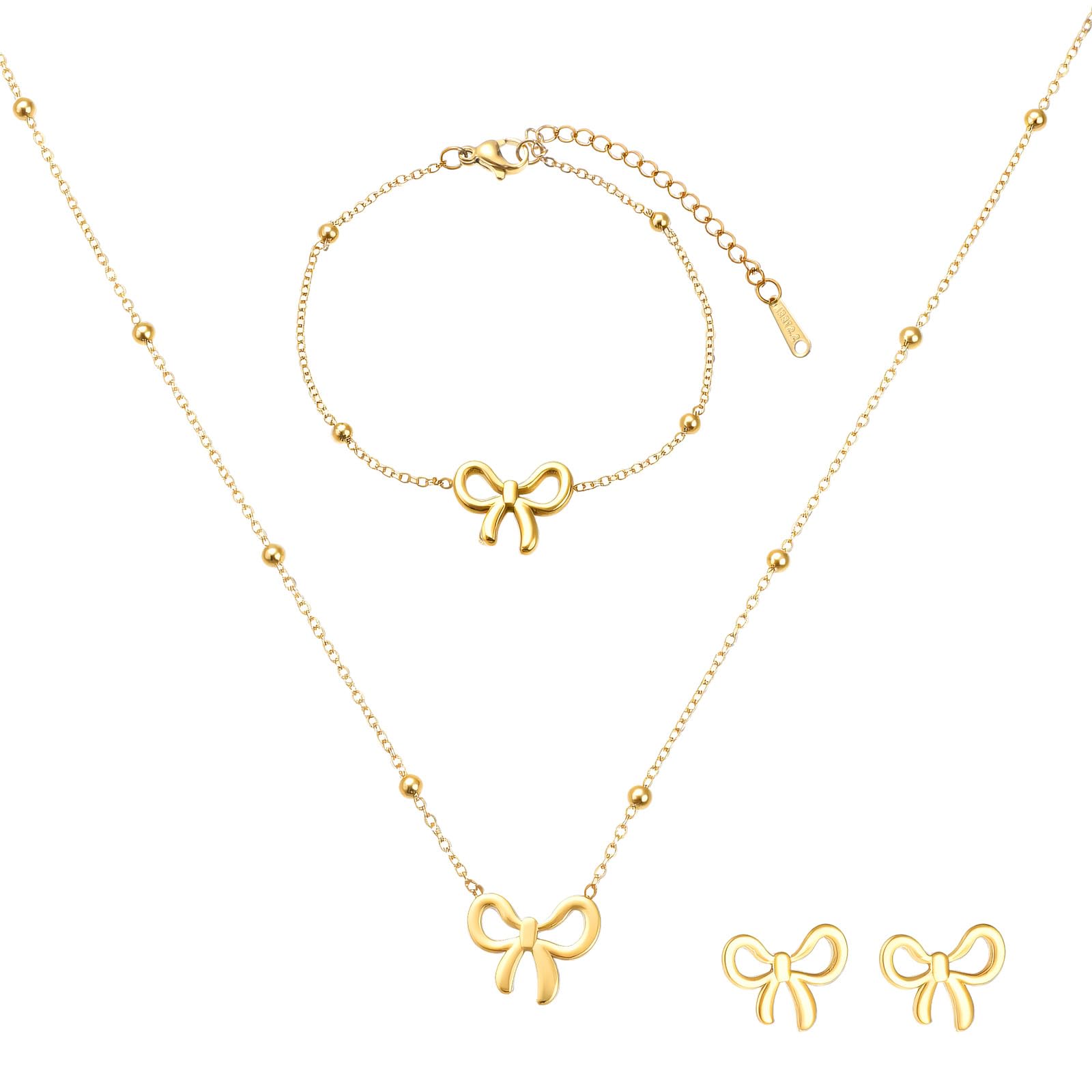 Bow Jewelry Set Gold Bow Necklace Bracelet Earrings Sets for Women Bowknot Ribbon Pendant Choker Necklace for Women Dressy Wedding Prom Christmas Gifts Stocking Stuffers