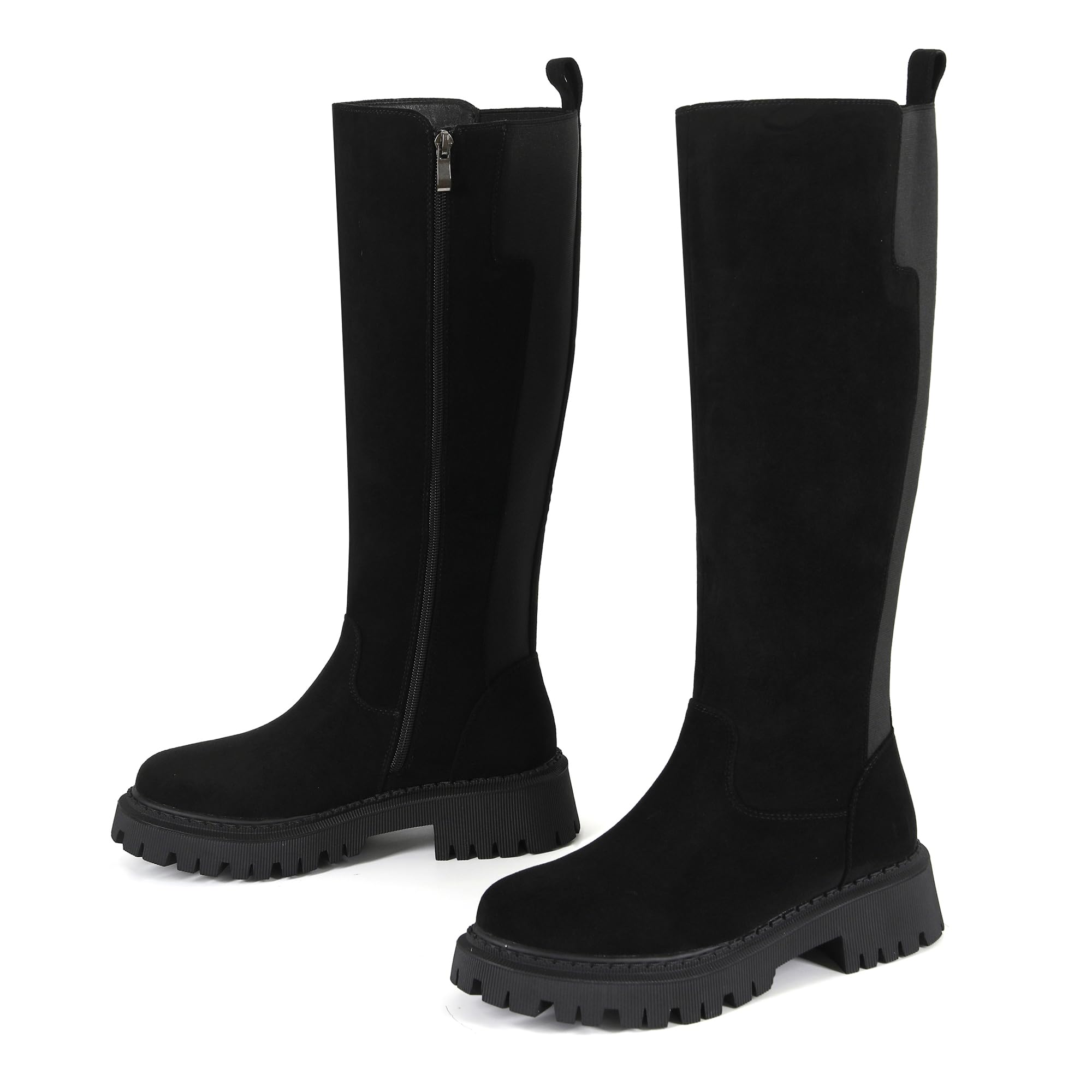 Knee High Boots for Women Wide Calf Platform Lug Sole Tall Boots Chunky Low Heel Round Toe Motorcycle