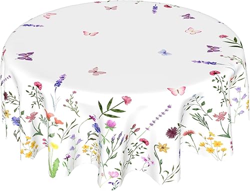 Kawani Mantel redondo floral de primavera y verano de 60 pulgadas, diseño de hojas de flores silvestres, mariposa, rústico, vintage, de poliéster,
