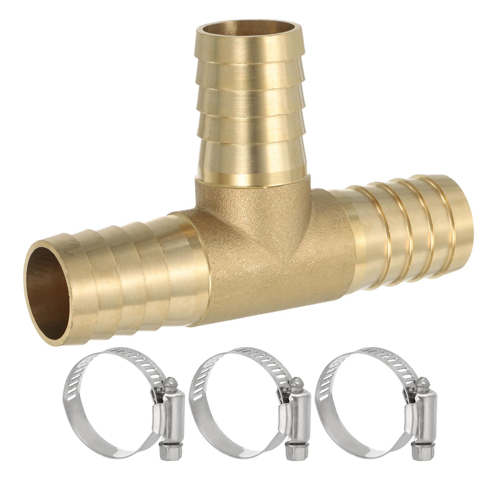 PATIKIL 1/2" Brass Tee Hose Barb Fitting, 3 Ways Union Intersection T Shape Barbed Split with Clamps for Air Water Fuel Gas Liquid, Golden — view 12