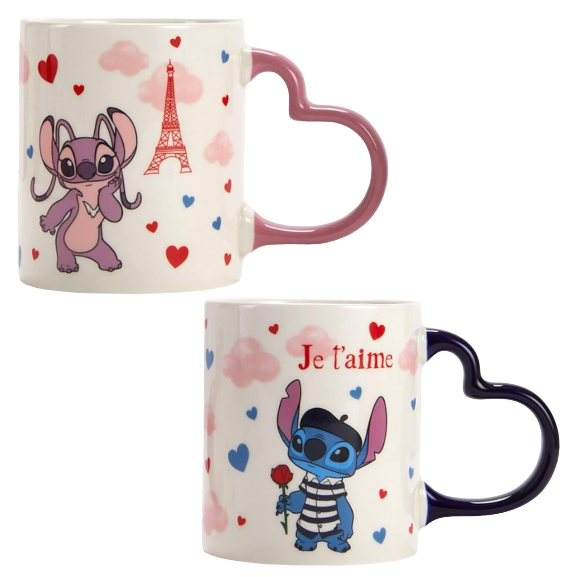Caribou Living Disney Stitch & Angel French Love Heart Paris Porcelain Mugs Cups 380ml for Hot Drinks, Tea, Coffee, Hot Chocolate - 2 Mugs