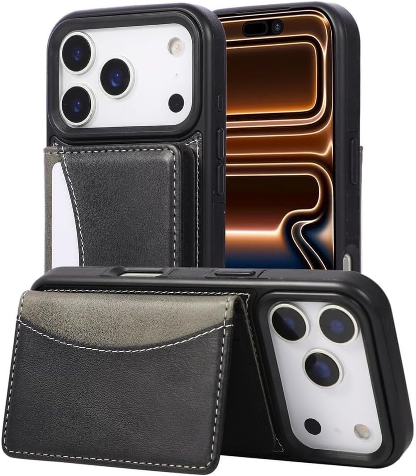 Leather Wallet Case for iPhone 17/17 Air/17 Pro/17 Pro Max, Flip Card Holder Cover with Kickstand, Drop Protection & Wrist Strap(Black,17 Pro Max)