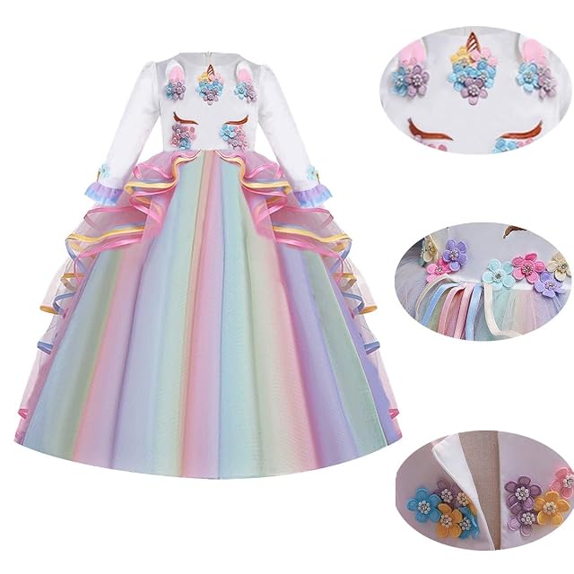 Foto 4 de 6 de CinheyU Niñas Disfraz de Carnaval Manga Larga Vestido de Unicornio Princesa Cumpleaños Boda Fiesta de Cosplay…
