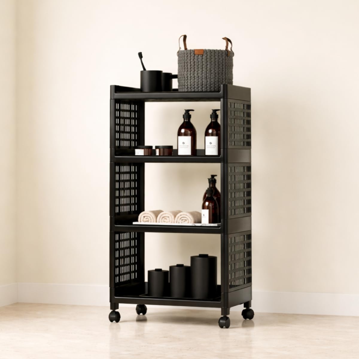 Multipurpose 4 Tier Storage Rack with Wheels | Bathroom Kitchen Organizer Shelf | Rolling Utility Trolley for Home, Laundry, Office & Living Room | Heavy Duty Plastic Rack (Black)