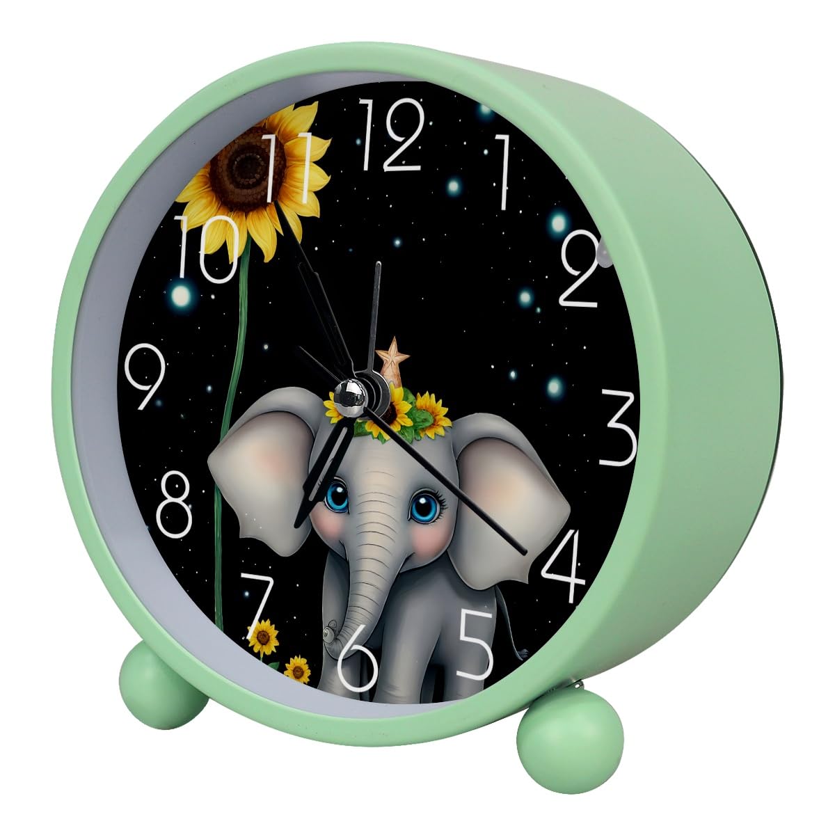 Luoweisi Analog Alarm Clock Elephant Sunflower, Silent Non-Ticking with Night Light, Battery Operated, Round Desk Alarm Clock for Office, Bedroom, Elderly, Adults, Children, Student Gifts
