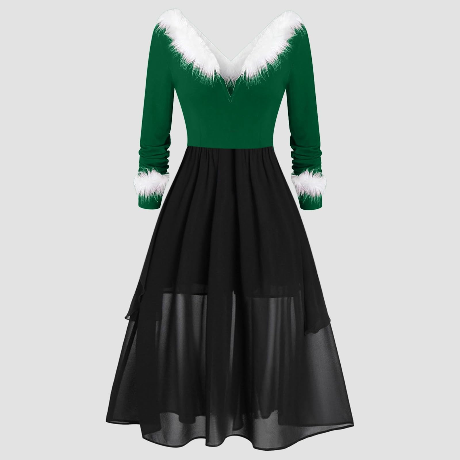 Vestito Natale Donna-Abito Natalizio-Abito Asimmetrico A Maniche Lunghe con Scollo A V E Patchwork Natalizio da Donna
