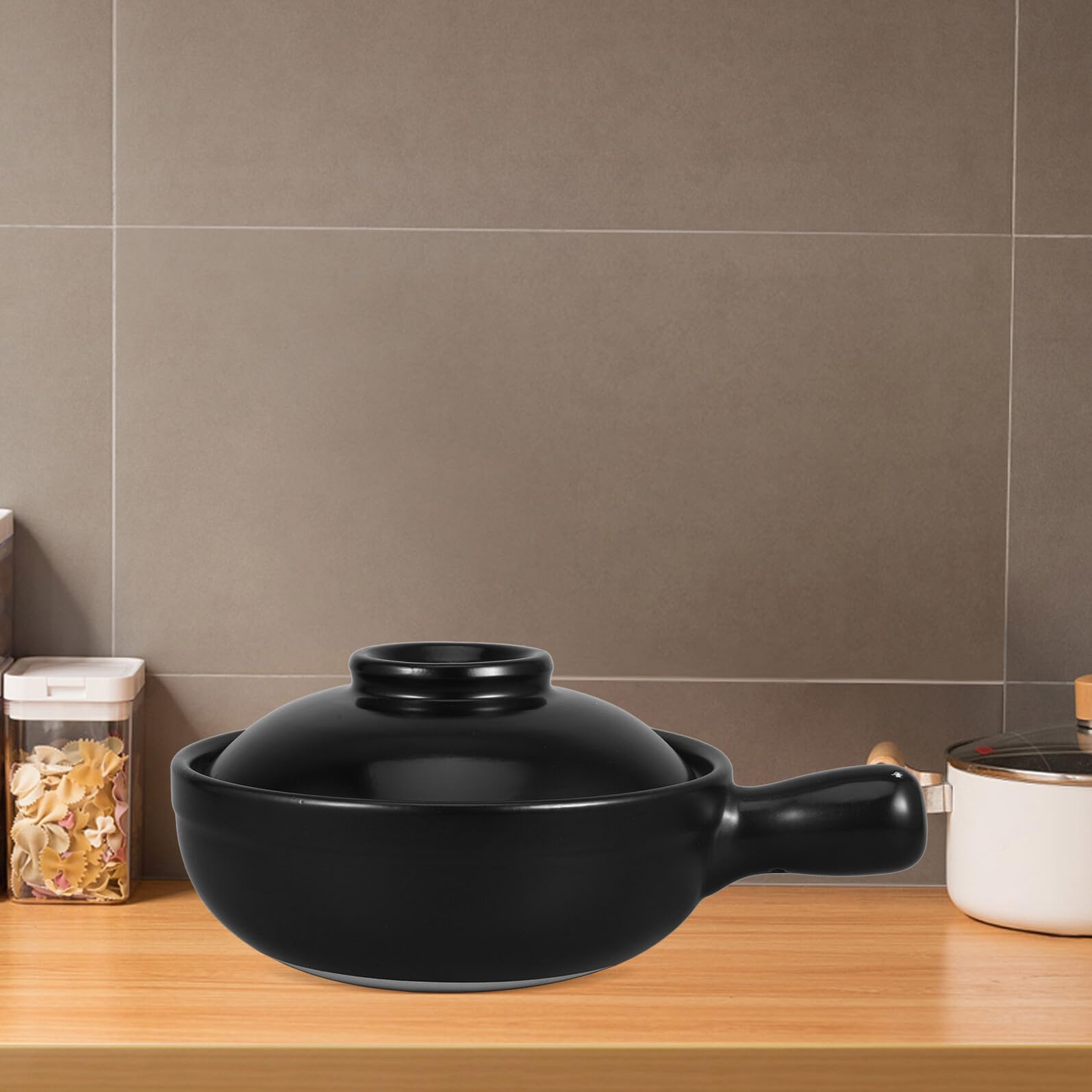 Olla de Barro Tradicional China de 900ml con Tapa, Cerámica | Negra, para Arroz y Gachas, Uso en Cocina y Microondas, Estilo Clásico