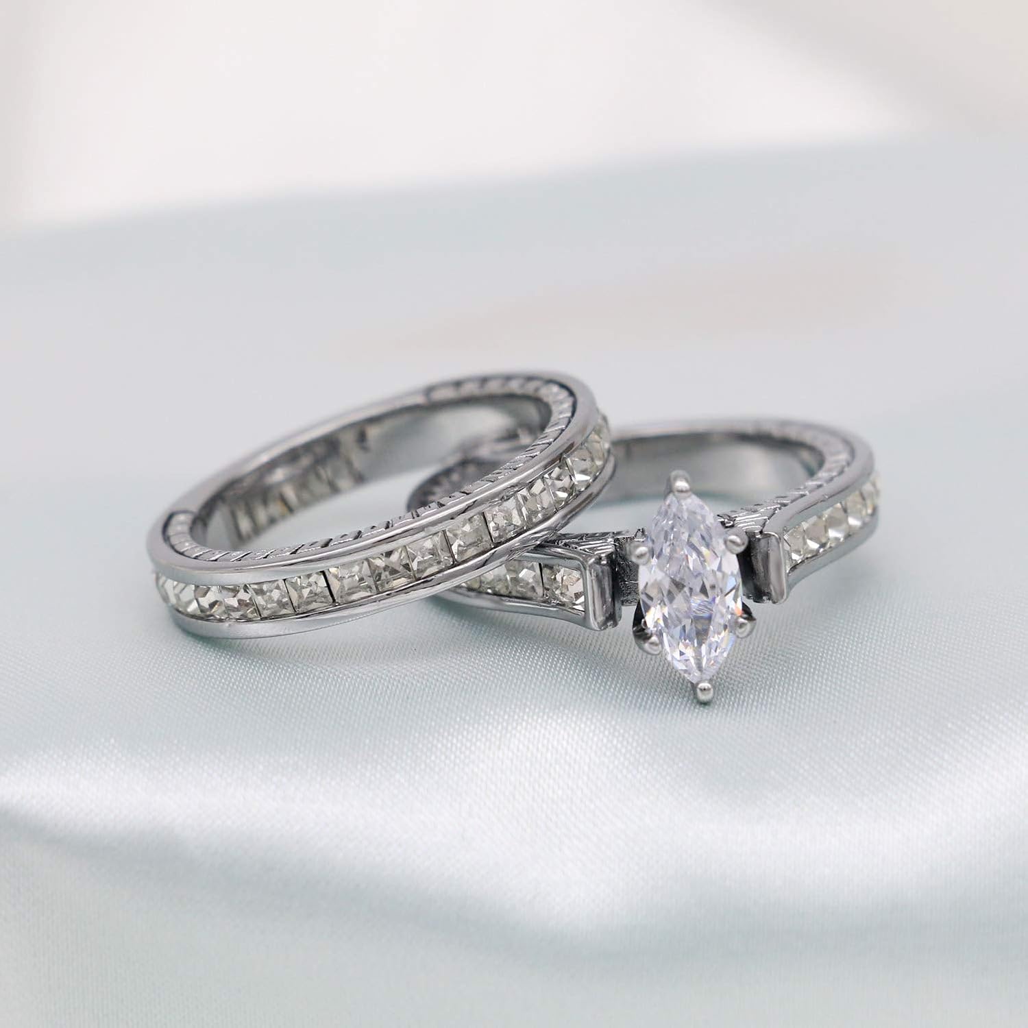 White Gold Filled Bridal Sets Marquise Cut Cz Engagement Ring 2pcs Womens Wedding Ring Sets - Image 4