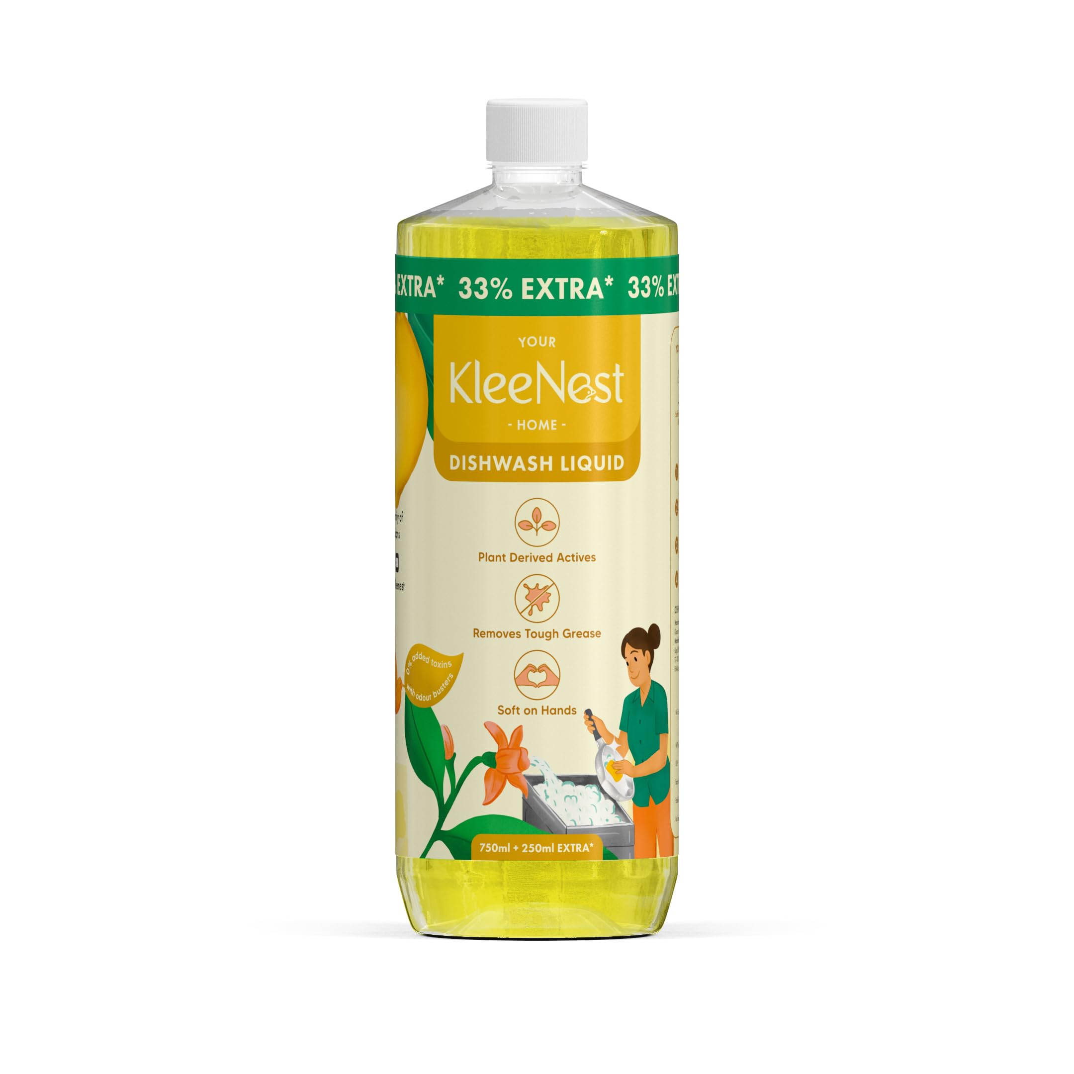 Kleenest Natural Dishwash Liquid 1 litre | With Lemon Odour Busters | Removes Tough Grease, Soft on Hands | Plant-Derived Actives, LABSA & Paraben free | Safe for Baby & Pet Utensils