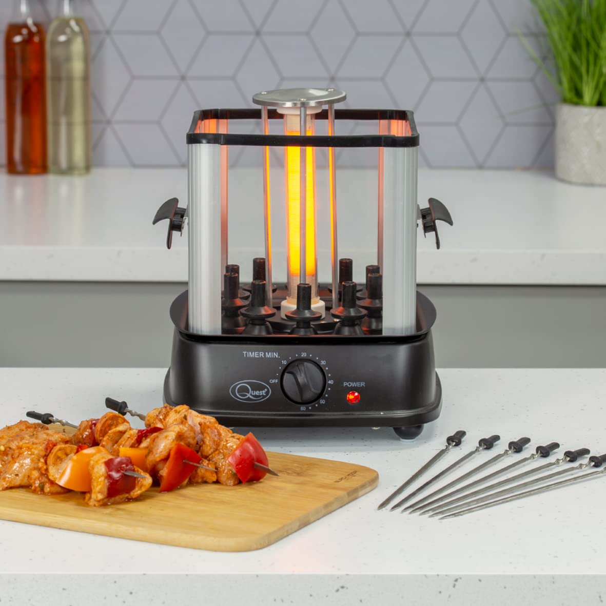 Quest Stainless Steel 37119 10 Skewer Kebab Maker Grill/Vertical Rotisserie Kebab Machine/Includes Skewers / 60 Minute Timer