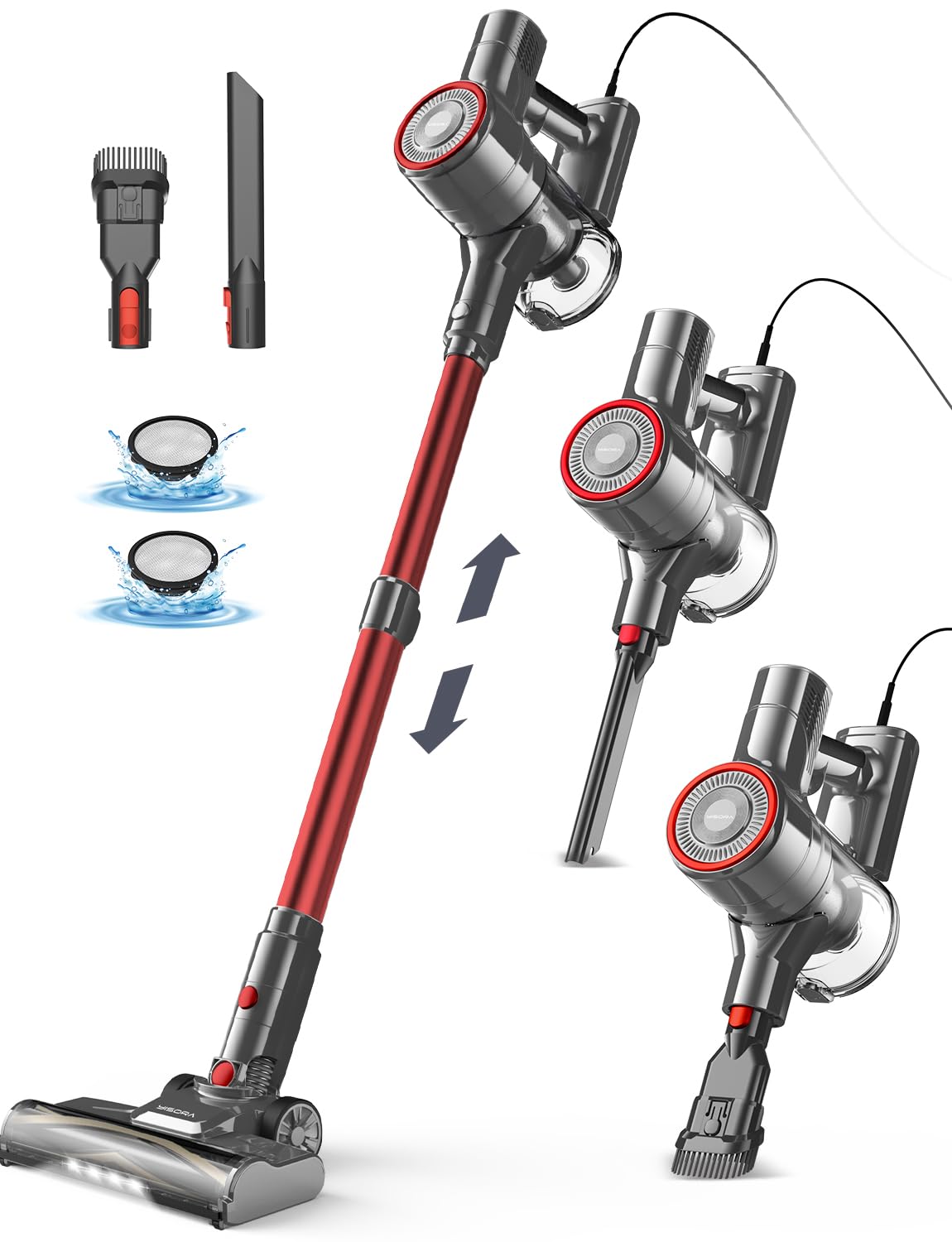YISORA Aspirapolvere con Filo, Scopa Elettrica con filo 6 in 1 Aspirapolvere e Aspira Briciole, 23kPa 600 W, Lunghezza Cavo 6m, Senza sacco, per Pavimenti duri, tappeti, peli di Animali Domestici (I8