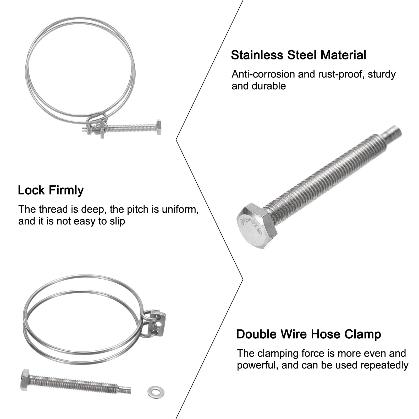 Uxcell 10Pack Double Wire Hose Clamp, 98-105mm Adjustable Stainless Steel Wire Tube Hose Clip With M8 Bolt - View #4