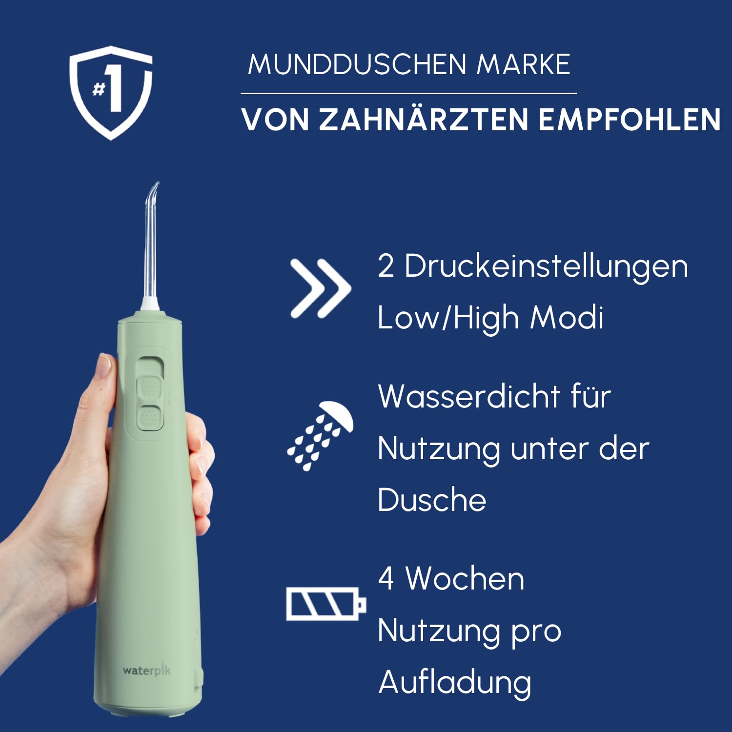 Waterpik Pulse Munddusche kabellos, Professionelle 99,9% Plaque Entfernung, 2 Intensitätsmodi, Zahnzwischenraumreiniger, 45 Sekunden Wassertankkapazität, 2x Aufsätze enthalten, mintgrün