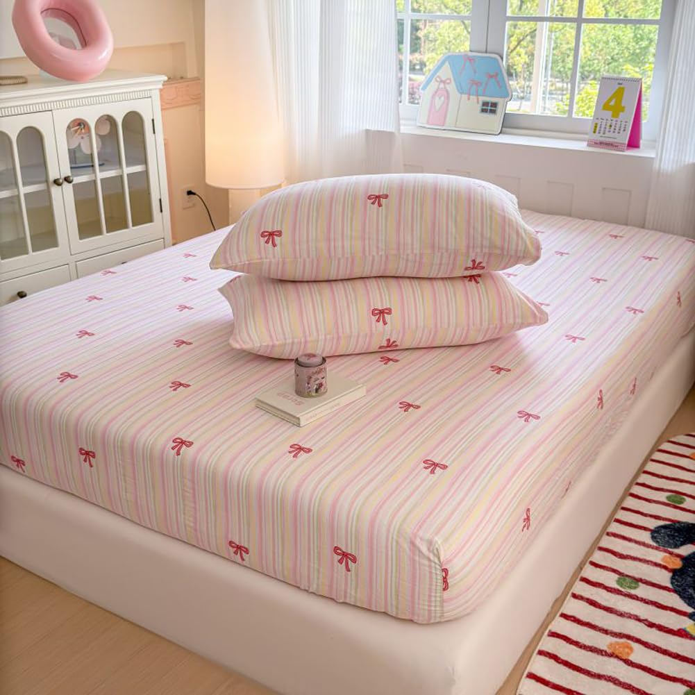 Girls Pink Striped Pillow Covers with Bow Pattern, 19x29Inches Queen Yarn Pillowcases 2 Packs (Butterfly Dream Gifts)