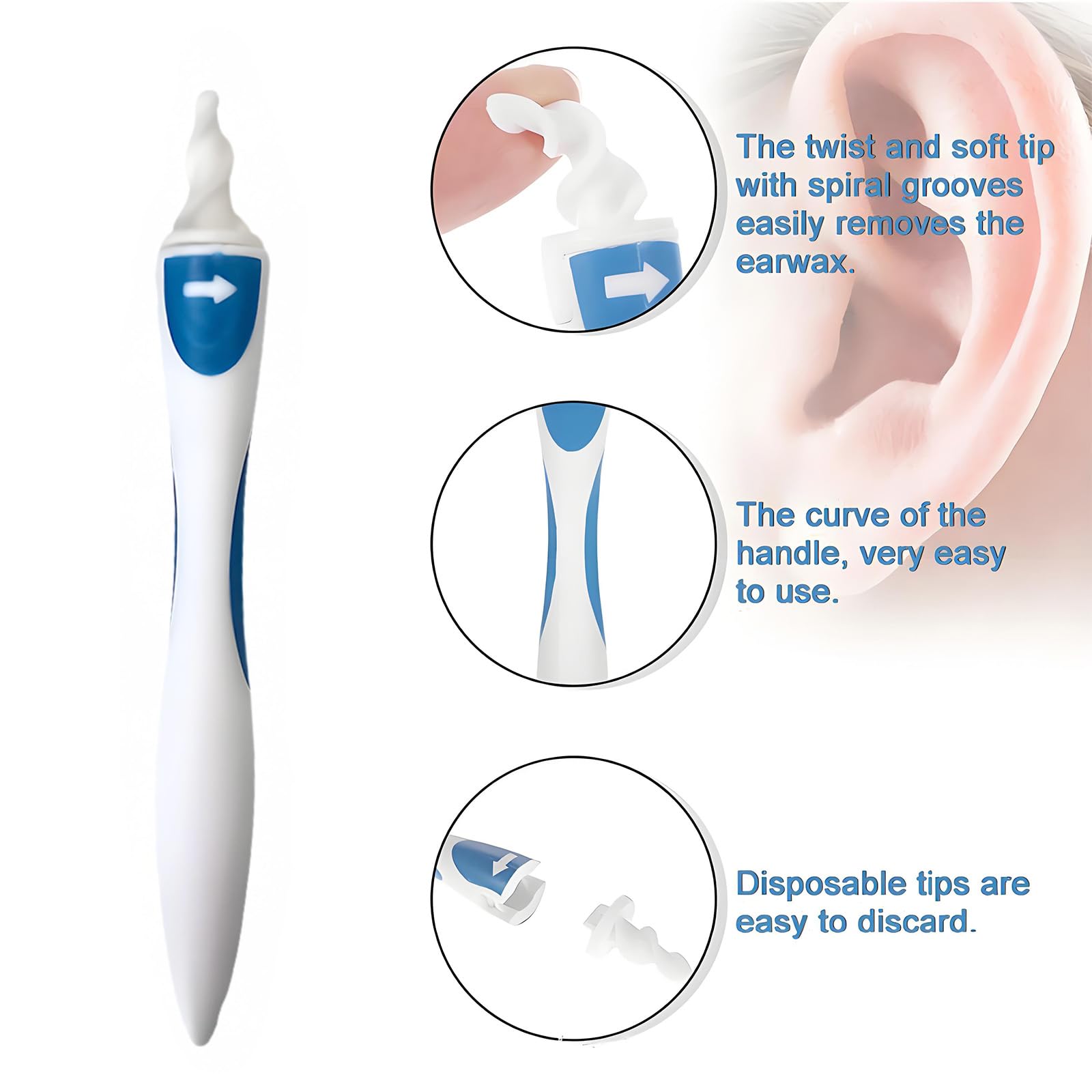 Kit Pulizia Orecchie con 16 Testine di Ricambio - Dispositivo di Pulizia Auricolare a Spirale 360° per Adulti e Bambini - Sicuro e Delicato