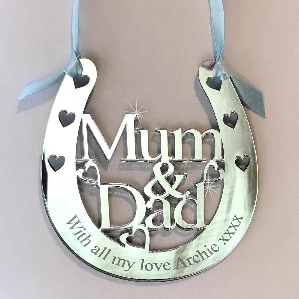Personalised Wedding Mum and Dad Good Luck Bridal Lucky Keepsake Horseshoe. A Gift For You UK MD1862, Silver Mirror Acrylic