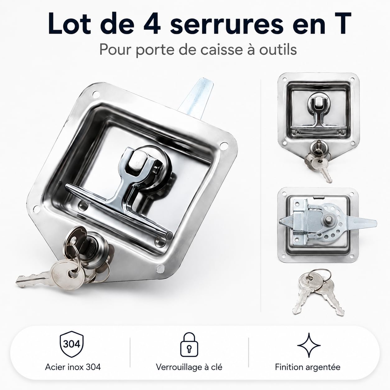 Lot de 4 serrures de boîte à outils avec poignée en T en acier inoxydable - Avec 2 clés - Pour camion, remorque, boîte à outils