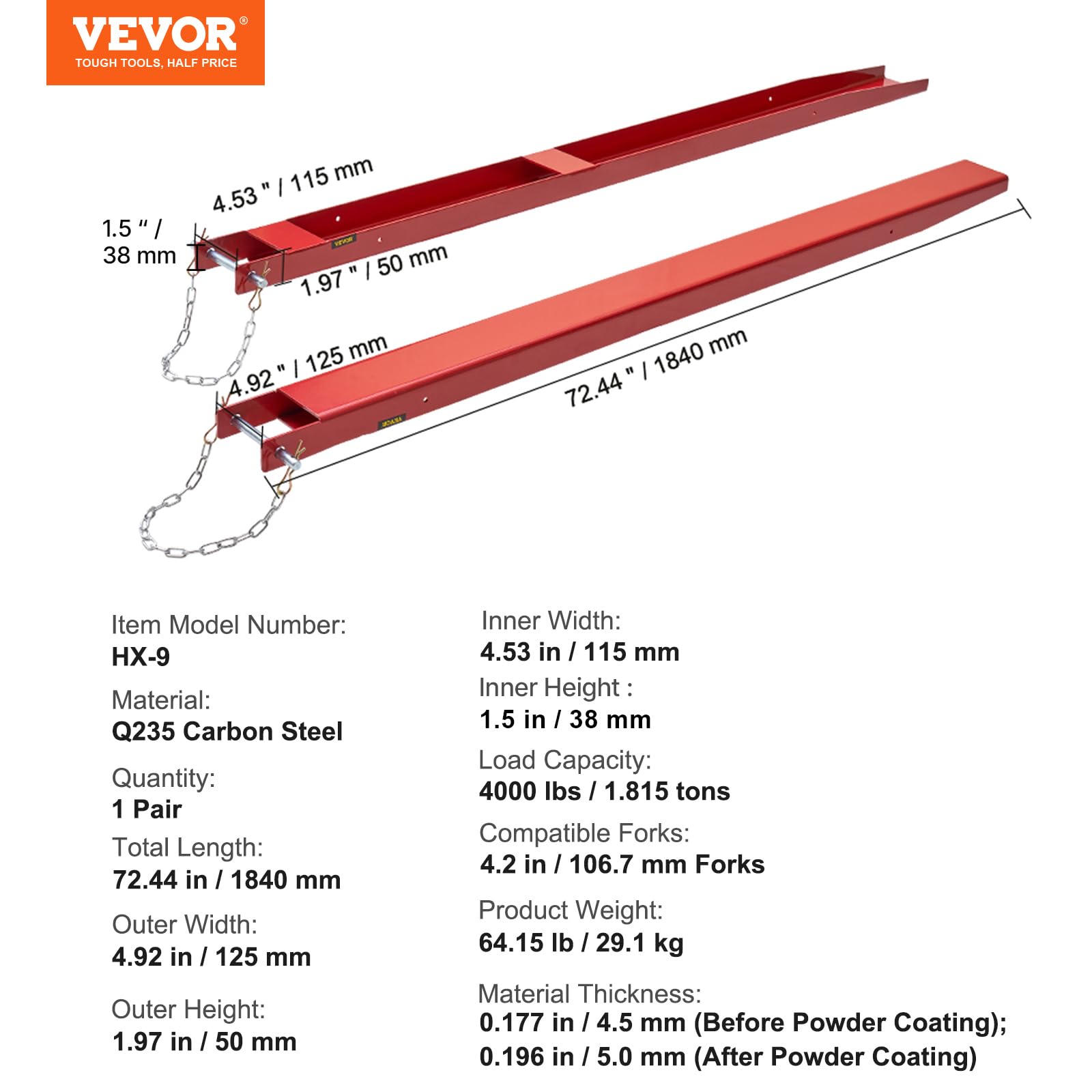 VEVOR Forche per Pallet Lunghezza 1840 mm Capacità Carico max. 1815 Tonnellate, Coppia di Forche per Movimentazione Carico da Benne Trattori Minipala Escavatori in Acciaio, Forche Compatibili 106mm