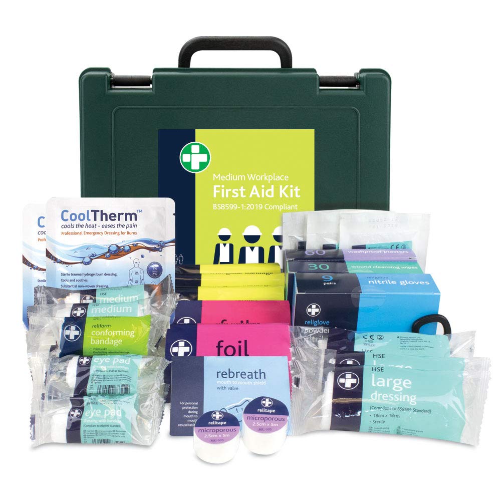 Reliance Medical Medium Oxford Box Workplace First Aid Kit - Safety Solution, Essential Supplies for Workplace, Includes Dressings, Plasters, Workplace Injuries First Aid Supplies Medium Green Oxford Box - Workplace kit