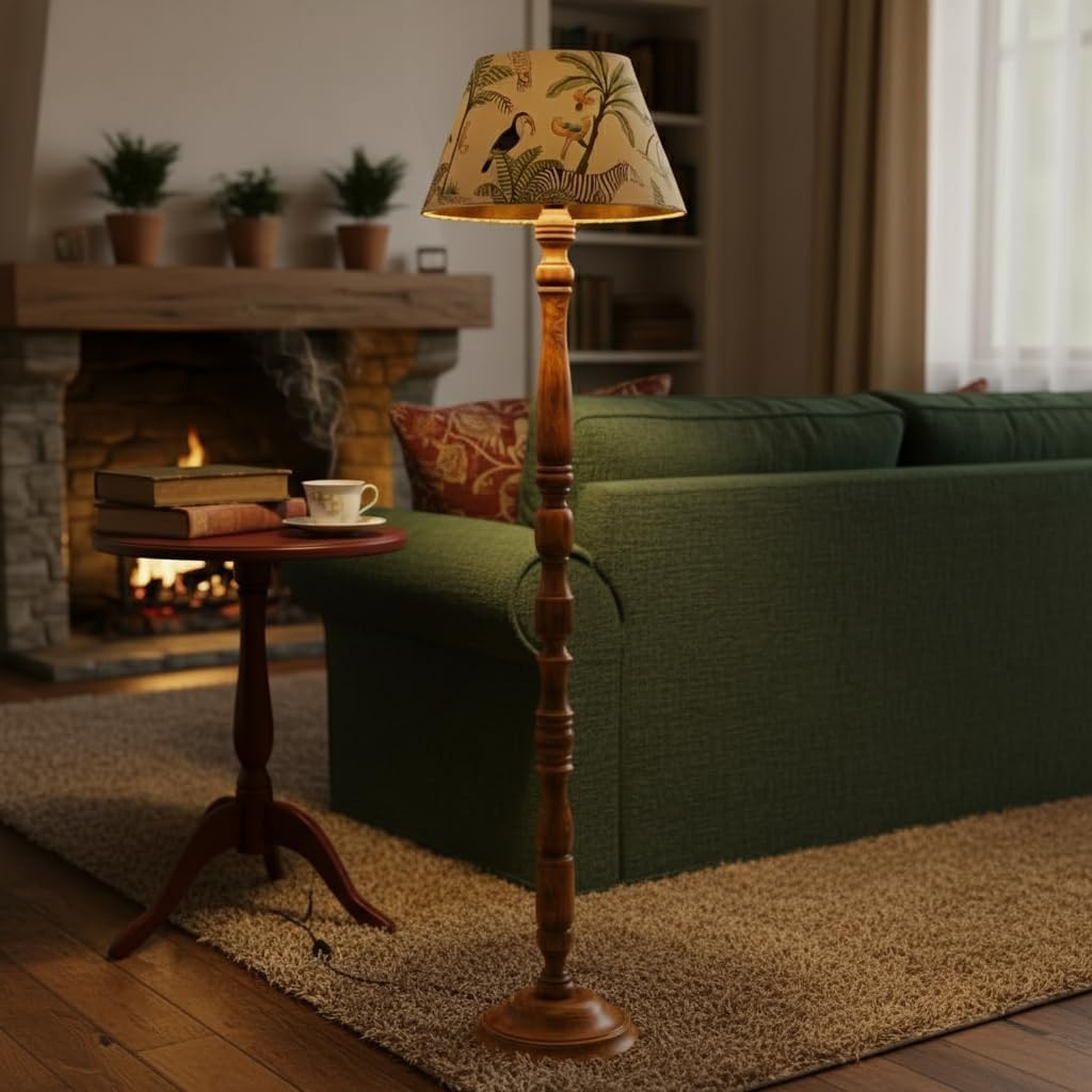 Modern Wooden Floor Lamp with Fabric Shade Tall Standing Light for Living Room & Bedroom