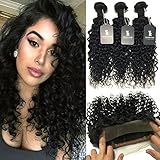 RISSING 3 Bundles of Brazilian Hair Deep Wave Curly, 360 Lace Frontal with 3 Bundles (18'20'22'+16', 360 Lace Frontal With Bundles)