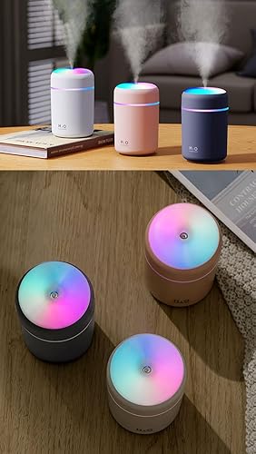 Portable Mini Humidifier, 300ml with Colorful LED Night Light, USB Personal Desktop Humidifier for Car Office Home Travel, Auto Shut-Off, 2 Mist