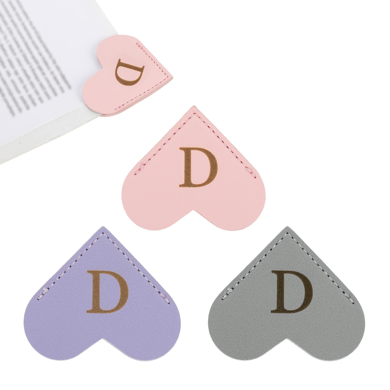 PATIKIL Initial D Corner Bookmarks, 3Pcs Heart Shape Leather Book Marks Page Markers Cute Page Clip for Men Women Teacher Reader Book Lover Writers, Pink Purple Gray