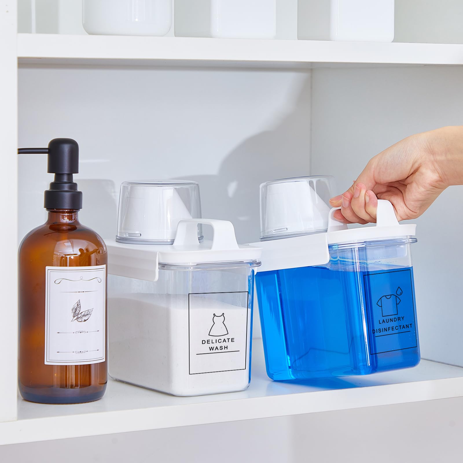 Paquete de 3 recipientes de detergente para lavandería, dispensador de jabón líquido con calcomanías, dispensador de suavizante de tela, contenedor de polvo de lavandería de plástico para comida de